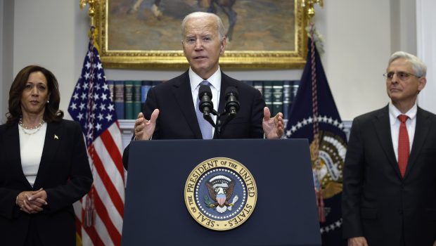 WASHINGTON, DC - JULY 14: U.S. President Joe Biden delivers remarks on the assassination attempt on Republican presidential candidate former President Donald Trump at the White House on July 14, 2024 in Washington, DC. A shooter opened fire injuring former President Trump, killing one audience member and injuring others during a campaign event in Butler, Pennsylvania on July 13. Biden was joined by Vice President Kamala Harris and Attorney General Merrick Garland. (Photo by Kevin Dietsch/Getty Images)