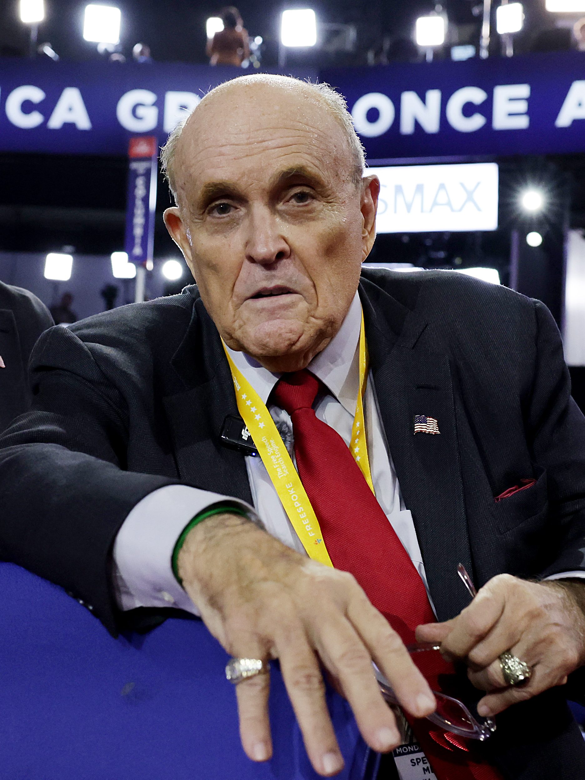 MILWAUKEE, WISCONSIN - JULY 16: Rudy Giuliani, the former personal lawyer for former U.S. President Donald Trump, speaks to the press on the second day of the Republican National Convention at the Fiserv Forum on July 16, 2024 in Milwaukee, Wisconsin. Delegates, politicians, and the Republican faithful are in Milwaukee for the annual convention, concluding with former President Donald Trump accepting his party's presidential nomination. The RNC takes place from July 15-18. (Photo by Alex Wong/Getty Images)