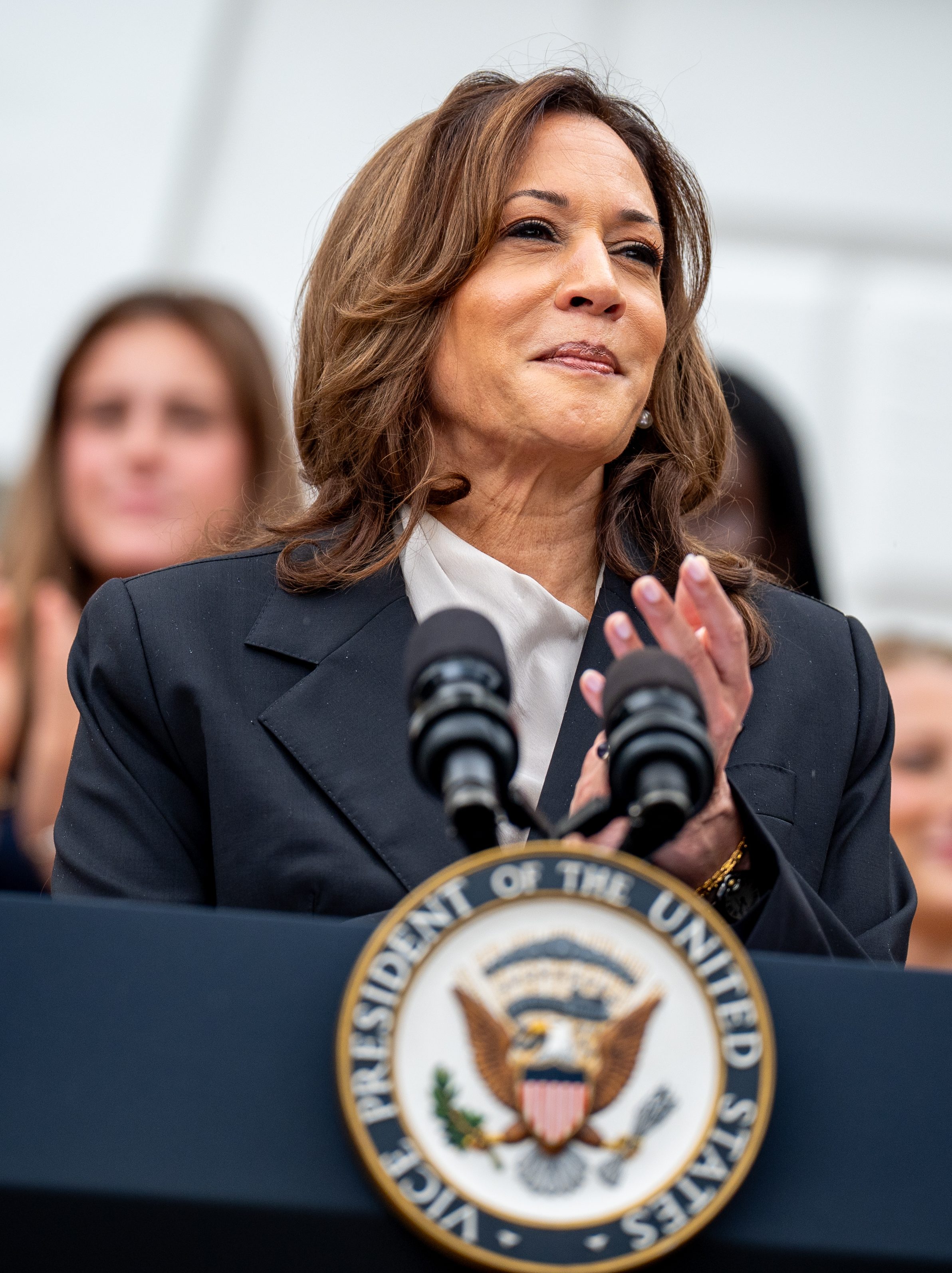 WASHINGTON, DC - JULY 21: U.S. Vice President Kamala Harris speaks during an NCAA championship teams celebration on the South Lawn of the White House on July 22, 2024 in Washington, DC. U.S. President Joe Biden abandoned his campaign for a second term after weeks of pressure from fellow Democrats to withdraw and just months ahead of the November election, throwing his support behind Harris. (Photo by Andrew Harnik/Getty Images)