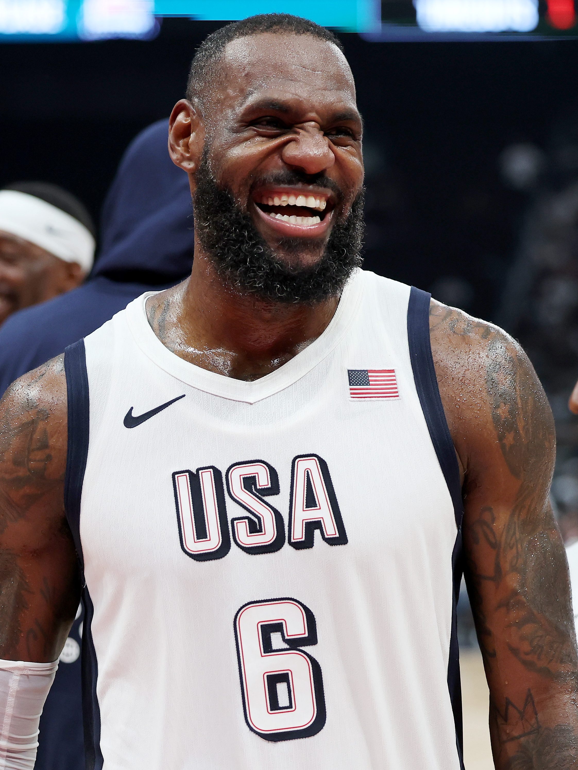 ABU DHABI, UNITED ARAB EMIRATES - JULY 17: LeBron James #6 of the United States reacts during after an exhibition game between the United States and Serbia ahead of the Paris Olympic Games at Etihad Arena on July 17, 2024 in Abu Dhabi, United Arab Emirates. (Photo by Christopher Pike/Getty Images)