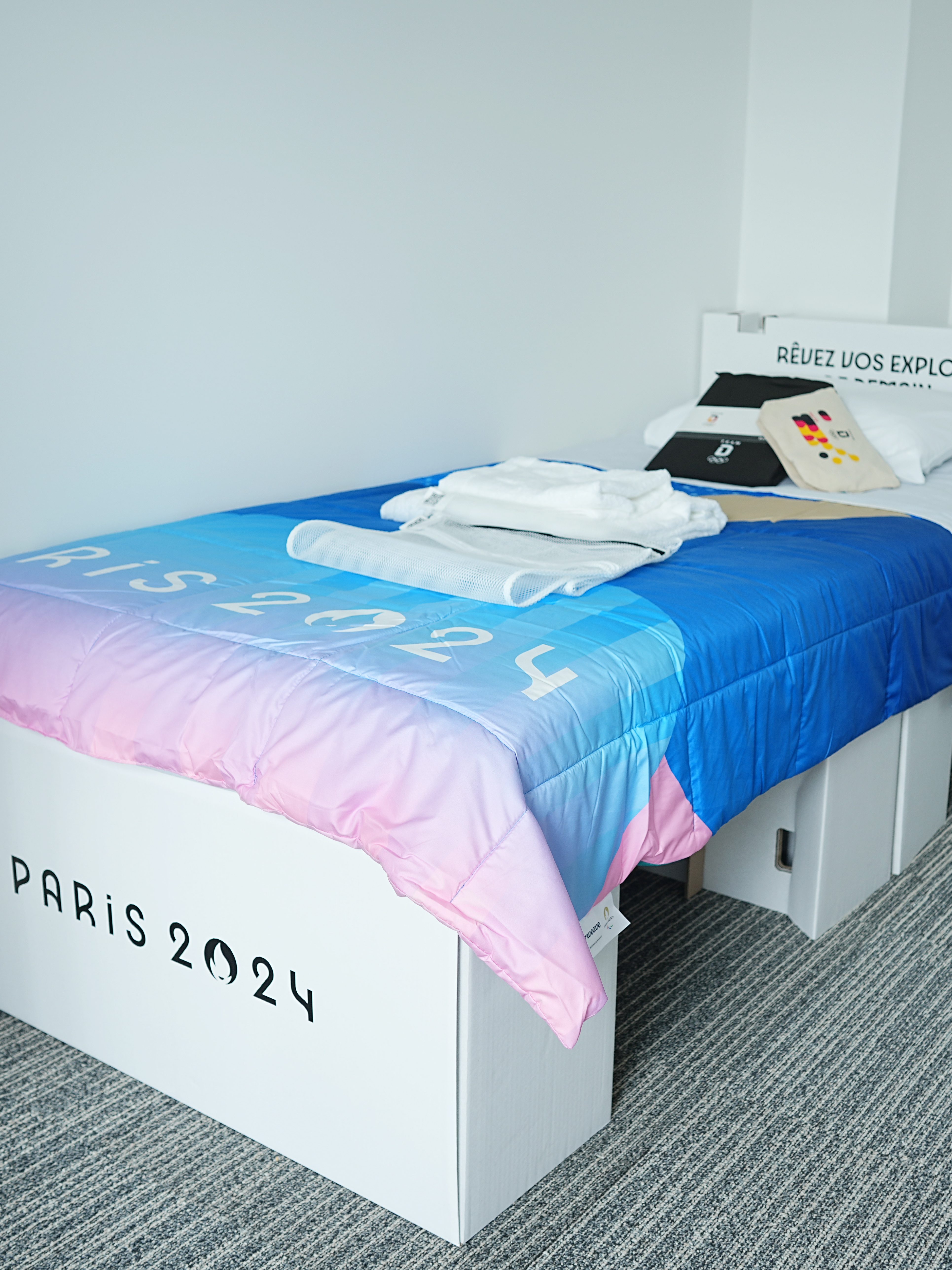 23 July 2024, France, Paris: Before the Summer Olympics, Paris 2024 Olympics, view of a bed in the German accommodation in the Olympic Village for athletes. Photo: Michael Kappeler/dpa (Photo by Michael Kappeler/picture alliance via Getty Images)