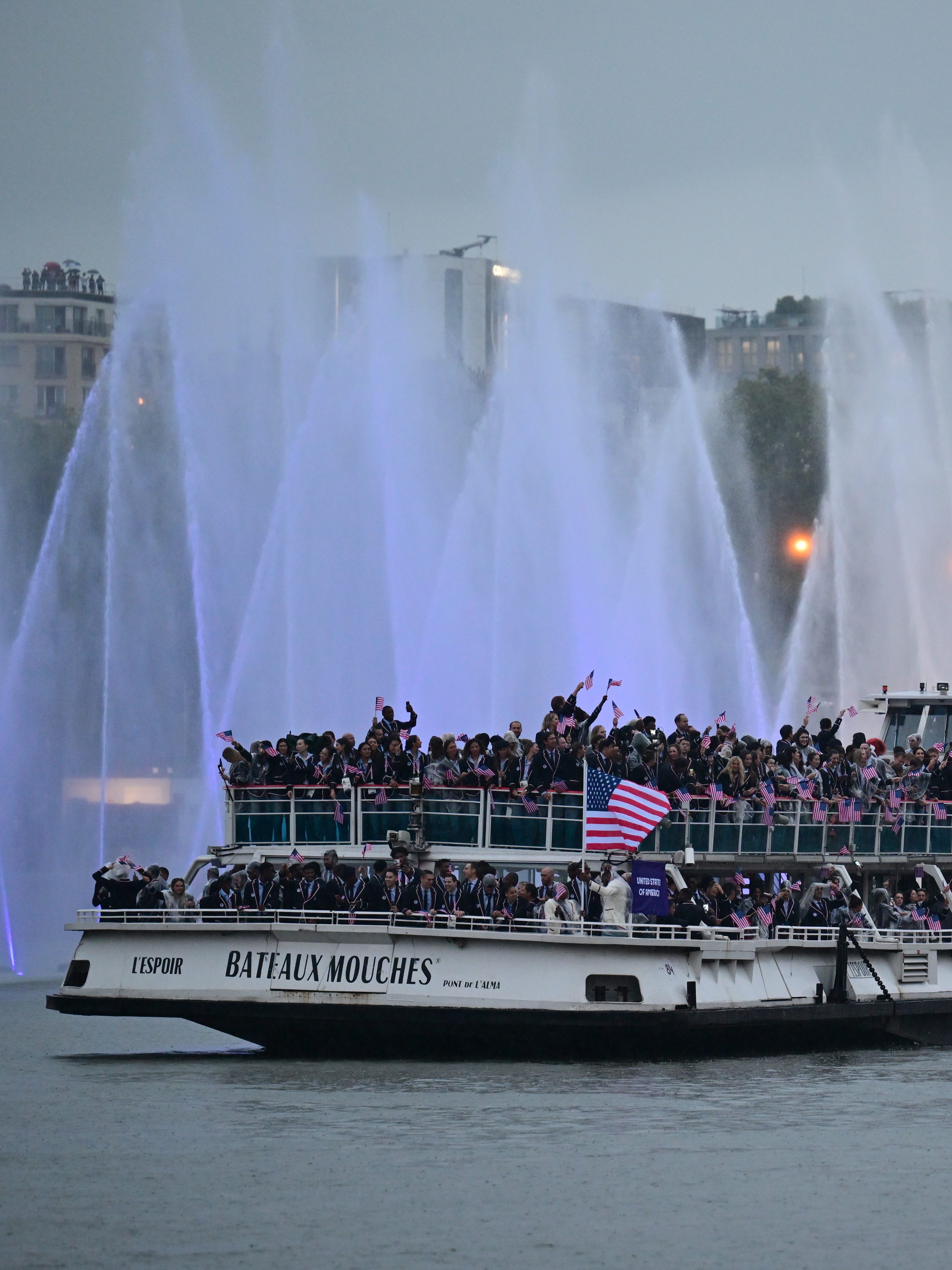 26 July 2024, France, Paris: Olympia, Paris 2024, Opening Ceremony of the Summer Olympics, Team USA at the Opening Ceremony. Photo: Sina Schuldt/dpa (Photo by Sina Schuldt/picture alliance via Getty Images)
