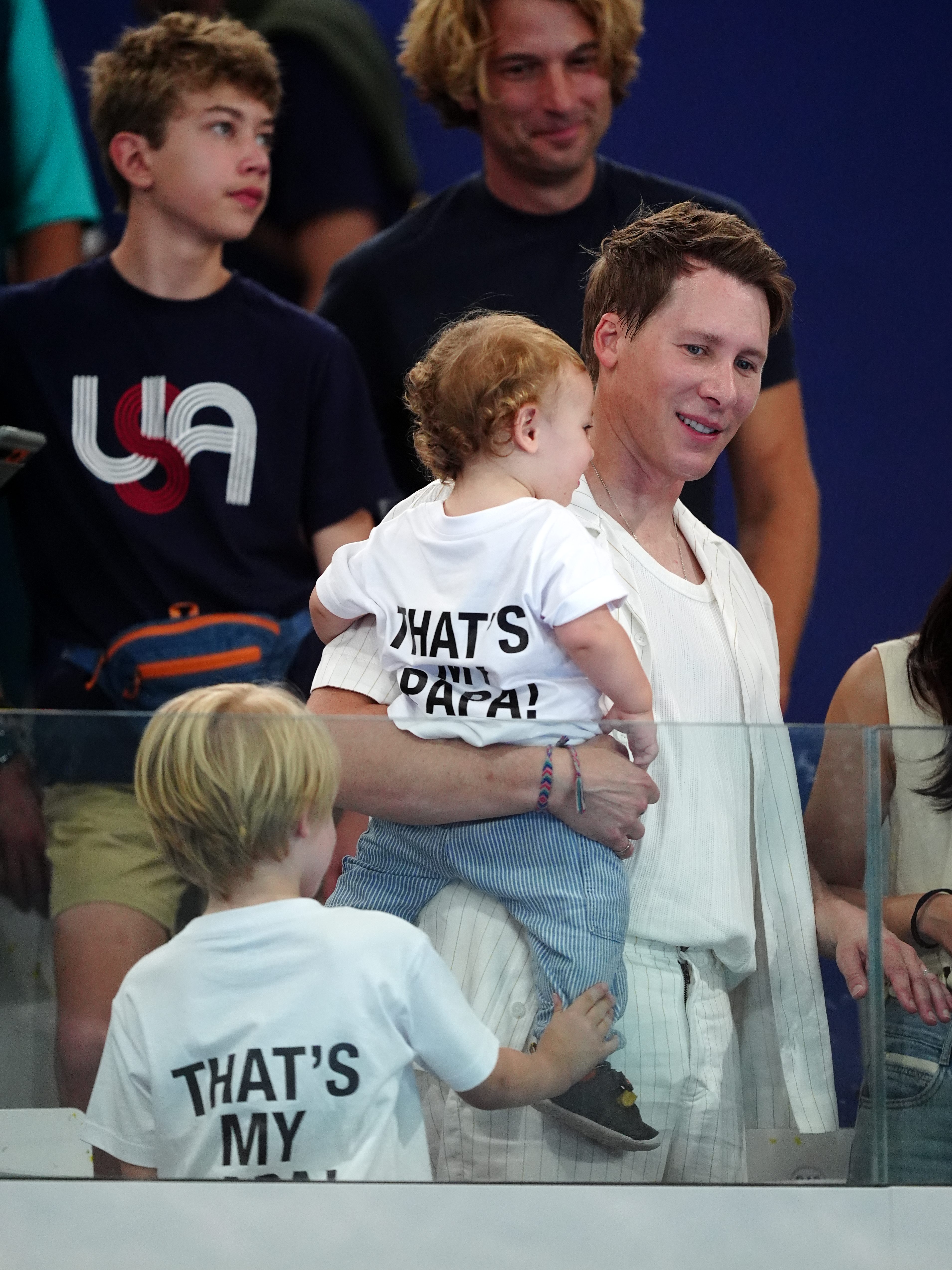 Dustin Lance Black, husband of Great Britain's Tom Daley, during the Men's Synchronised 10m Platform Final at the Aquatics Centre on the third day of the 2024 Paris Olympic Games in France. Picture date: Monday July 29, 2024. (Photo by Mike Egerton/PA Images via Getty Images)