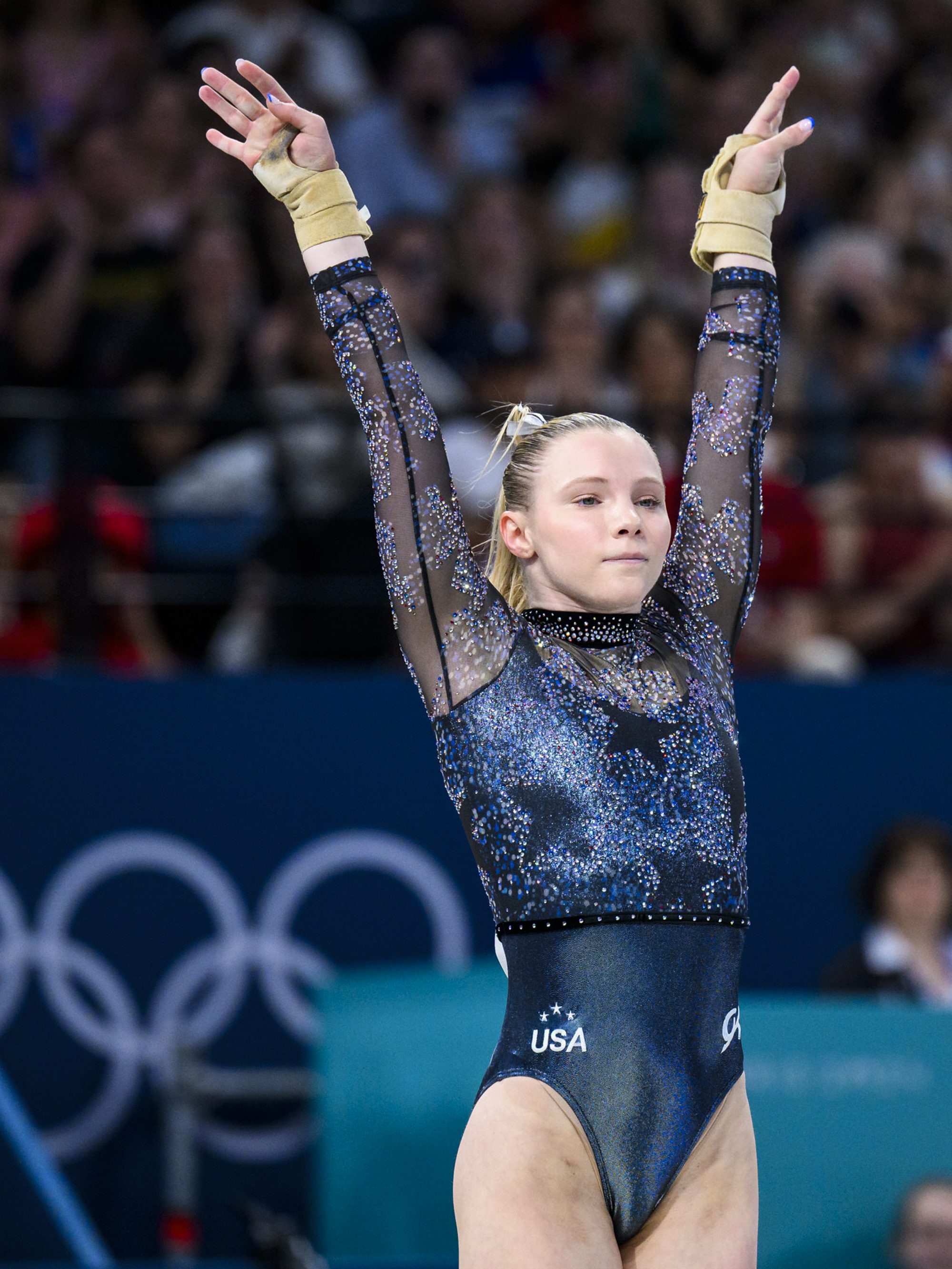 PARIS, FRANCE - JULY 28: Jade Carey from Team United States reacts after her exercise on the vault during day two of the Olympic Games Paris 2024 at the Bercy Arena on July 28, 2024 in Paris, France. (Photo by Tom Weller/VOIGT/GettyImages)