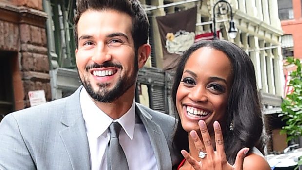 NEW YORK, NY - AUGUST 08:  Bachelorette's Rachel Lindsay and her fiance, Bryan Abasolo arrive at "Aol Live" on August 8, 2017 in New York City.  (Photo by Raymond Hall/GC Images)