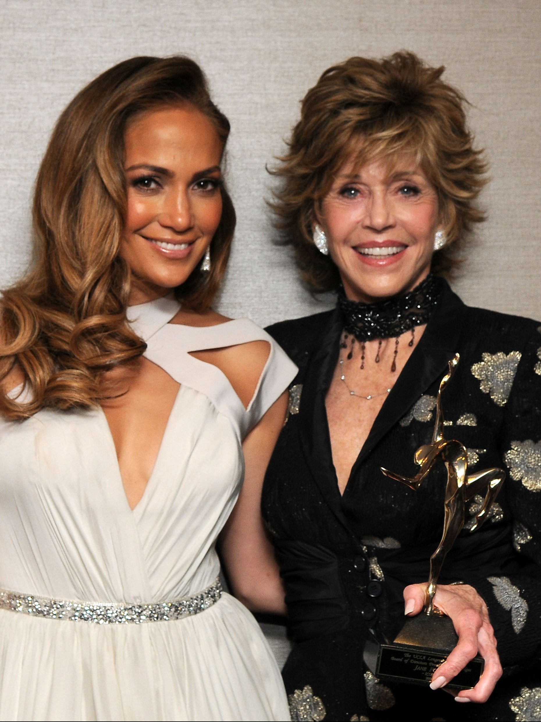 BEVERLY HILLS, CA - JUNE 04:  Jennifer Lopez and honoree Jane Fonda pose at The UCLA Longevity Center's 20th Anniversary ICON Awards Gala at The Beverly Hilton hotel on June 4, 2011 in Beverly Hills, California.  (Photo by Mark Sullivan/WireImage)