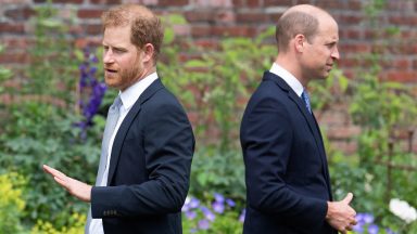 TOPSHOT - Britain's Prince Harry, Duke of Sussex (L) and Britain's Prince William, Duke of Cambridge attend the unveiling of a statue of their mother, Princess Diana at The Sunken Garden in Kensington Palace, London on July 1, 2021, which would have been her 60th birthday. Princes William and Harry set aside their differences on Thursday to unveil a new statue of their mother, Princess Diana, on what would have been her 60th birthday. (Photo by Dominic Lipinski / POOL / AFP) (Photo by DOMINIC LIPINSKI/POOL/AFP via Getty Images)