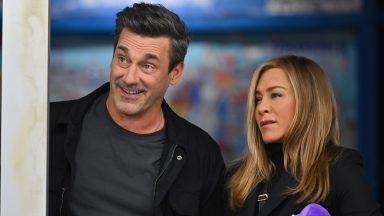 Jon Hamm and Jennifer Aniston filming on location for 'The Morning Show'