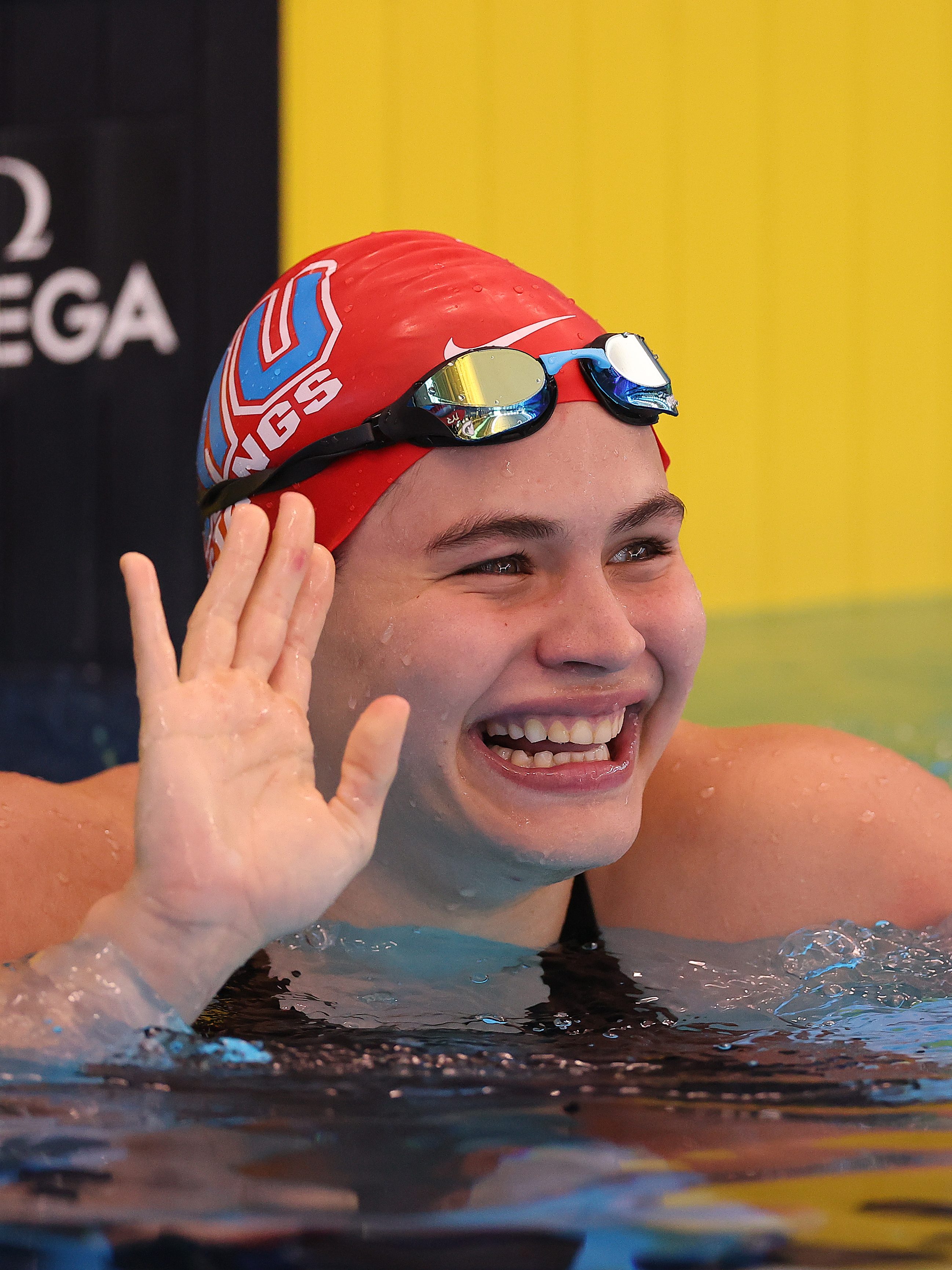 WESTMONT, ILLINOIS - APRIL 13: Luana Alonso of Paraguay reacts after winning the Women's 100 Meter Butterfly consolation on Day 2 of the TYR Pro Swim Series Westmont on April 13, 2023 in Westmont, Illinois. (Photo by Michael Reaves/Getty Images)