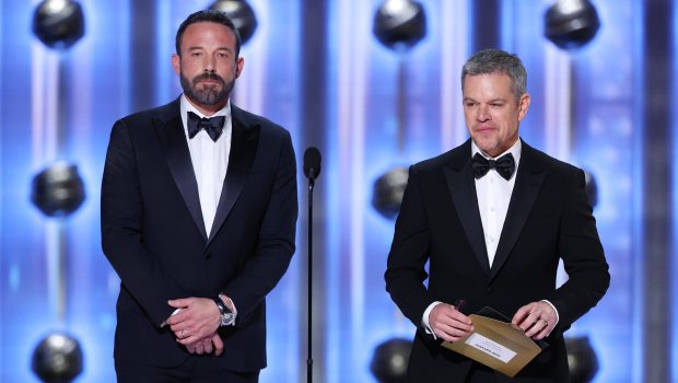 Ben Affleck and Matt Damon at the 81st Golden Globe Awards held at the Beverly Hilton Hotel on January 7, 2024 in Beverly Hills, California. (Photo by Rich Polk/Golden Globes 2024/Golden Globes 2024 via Getty Images)