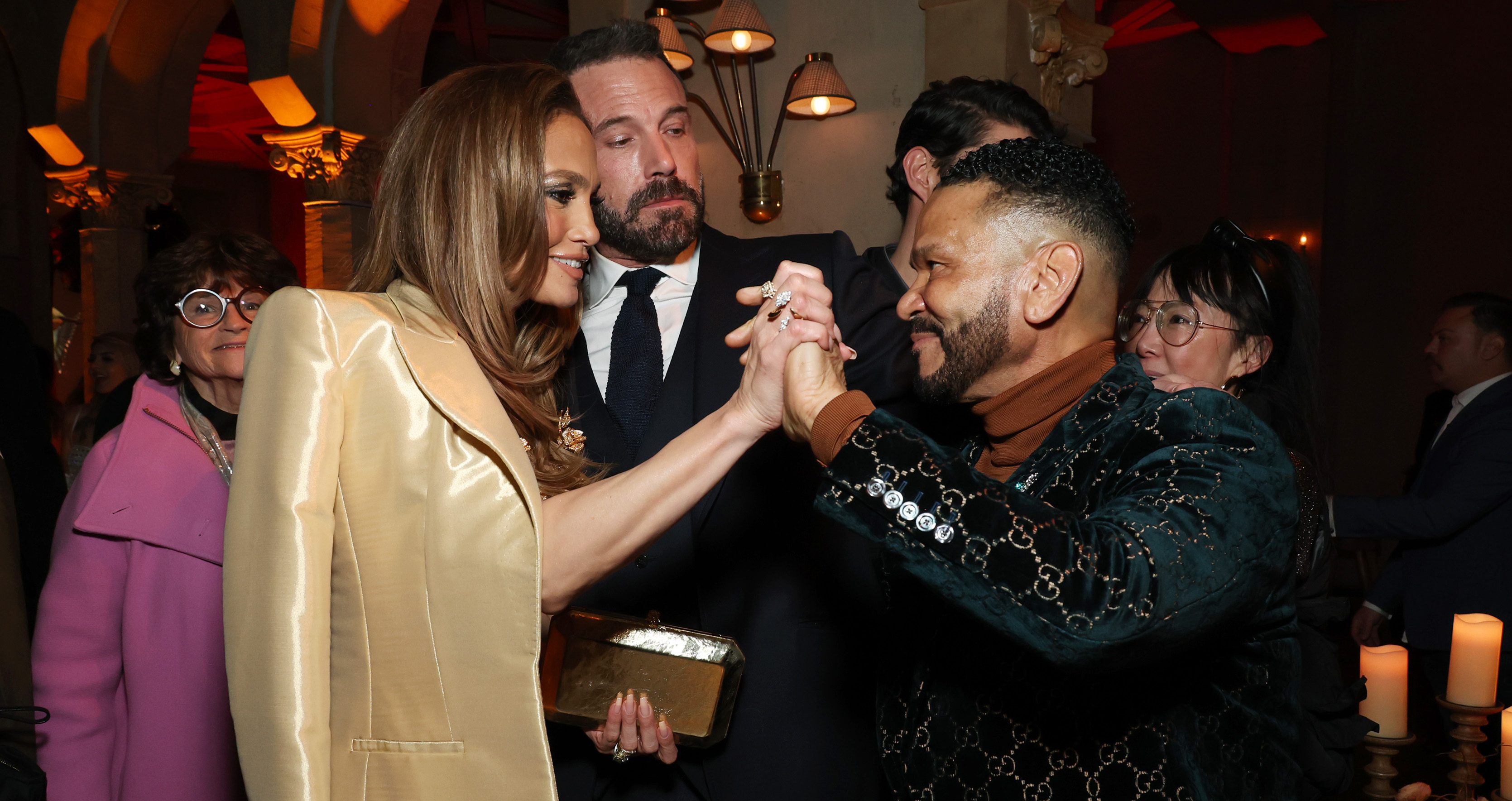 HOLLYWOOD, CALIFORNIA - FEBRUARY 13: (L-R) Jennifer Lopez, Ben Affleck, and Benny Medina attend the after party for the Los Angeles premiere of Amazon MGM Studios "This Is Me...Now: A Love Story" on February 13, 2024 in Hollywood, California. (Photo by Monica Schipper/GA/The Hollywood Reporter via Getty Images)
