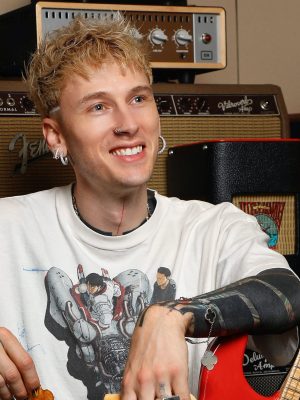NASHVILLE, TENNESSEE – In this image released on April 18, with a nod to 420, Machine Gun Kelly munches on Jimmy John's Deliciously Dope Dime Bag meal combo during a recording session in Nashville, Tennessee. (Photo by Sara Jaye/Getty Images for Jimmy John’s)