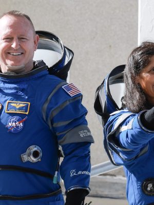 CAPE CANAVERAL, FLORIDA - JUNE 01:  NASA’s Boeing Crew Flight Test Commander Butch Wilmore (L) and Pilot Suni Williams walk out of the Operations and Checkout Building on June 01, 2024 in Cape Canaveral, Florida. The astronauts are heading to Boeing’s Starliner spacecraft, which sits atop a United Launch Alliance Atlas V rocket at Space Launch Complex 41 for NASA’s Boeing crew flight test to the International Space Station.  (Photo by Joe Raedle/Getty Images)