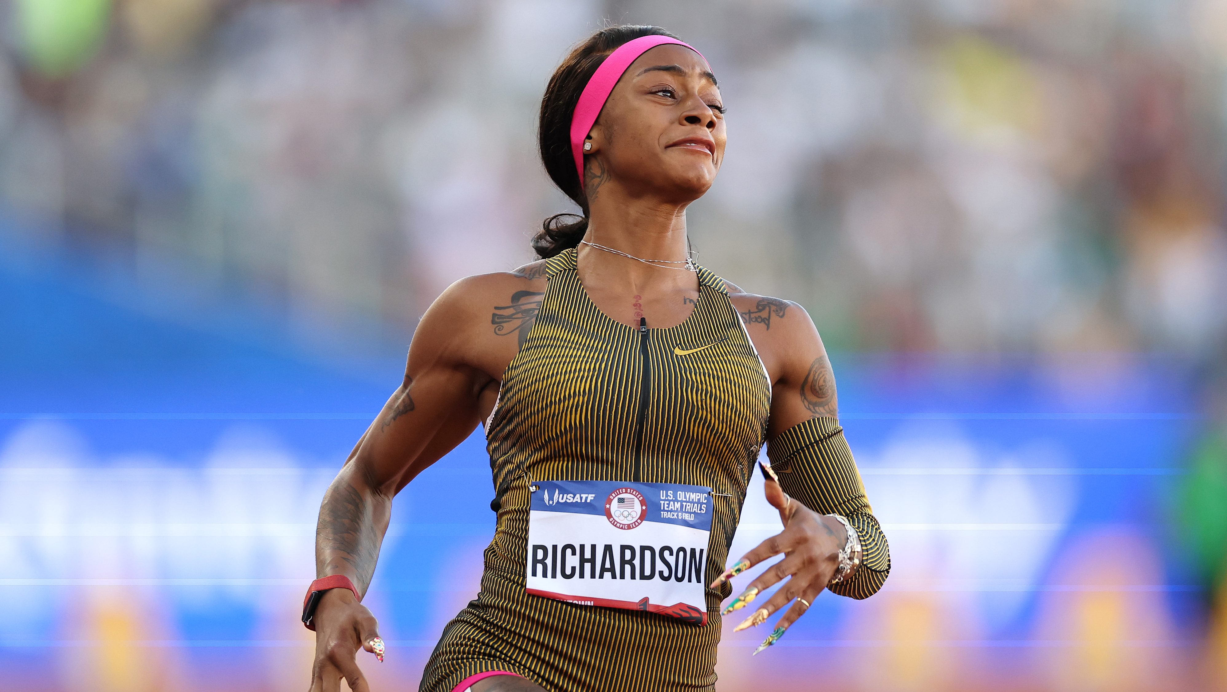 Sha'Carri Richardson reacts after winning the women's 100 meter final on Day Two of the 2024 U.S. Olympic Team