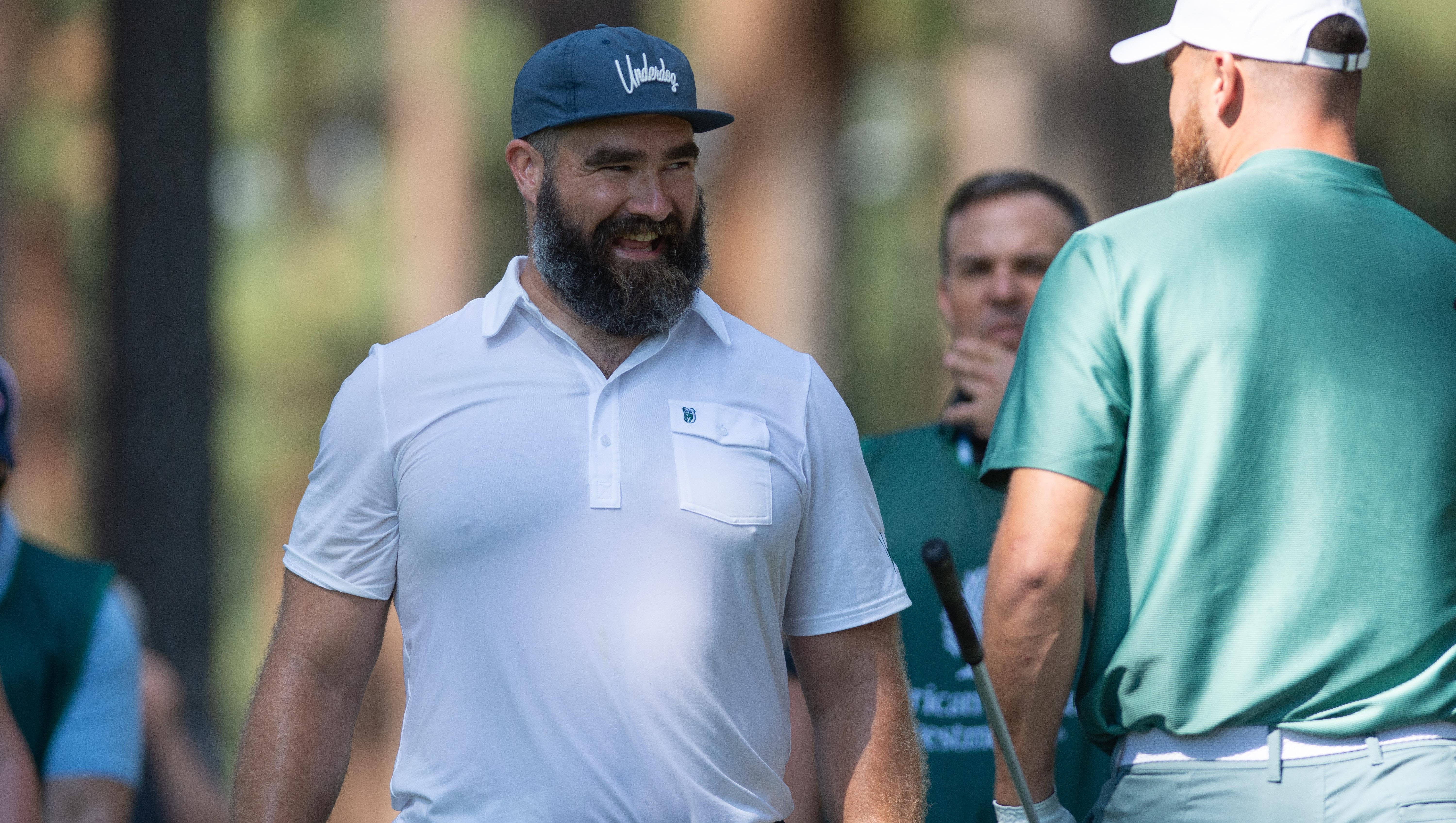 STATELINE, NEVADA - JULY 12: Travis Kelce and Jason Kelce during the ACC Celebrity Golf Championship presented by American Century Investments at Edgewood Tahoe Golf Course on July 12, 2024 in Stateline, Nevada. (Photo by David Calvert/Getty Images for American Century Investments)
