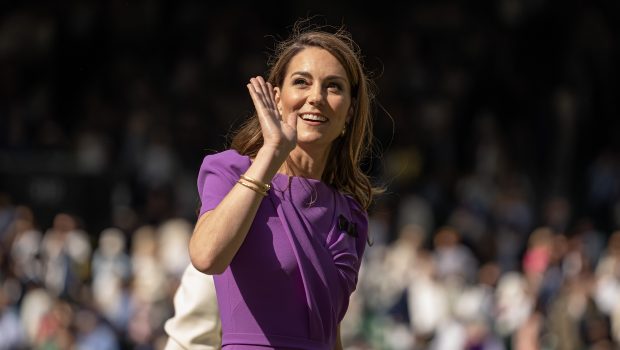 WIMBLEDON, LONDON, ENGLAND - JULY 14: Catherine, Princess of Wales, Patron of The AELTC waves to the crowd after presenting the Mens Singles trophy after the Mens Singles Final on Day 14 at All England Lawn Tennis and Croquet Club on July 14, 2024 in Wimbledon, London, England. (Photo by Fred Mullane/ISI Photos/Getty Images)