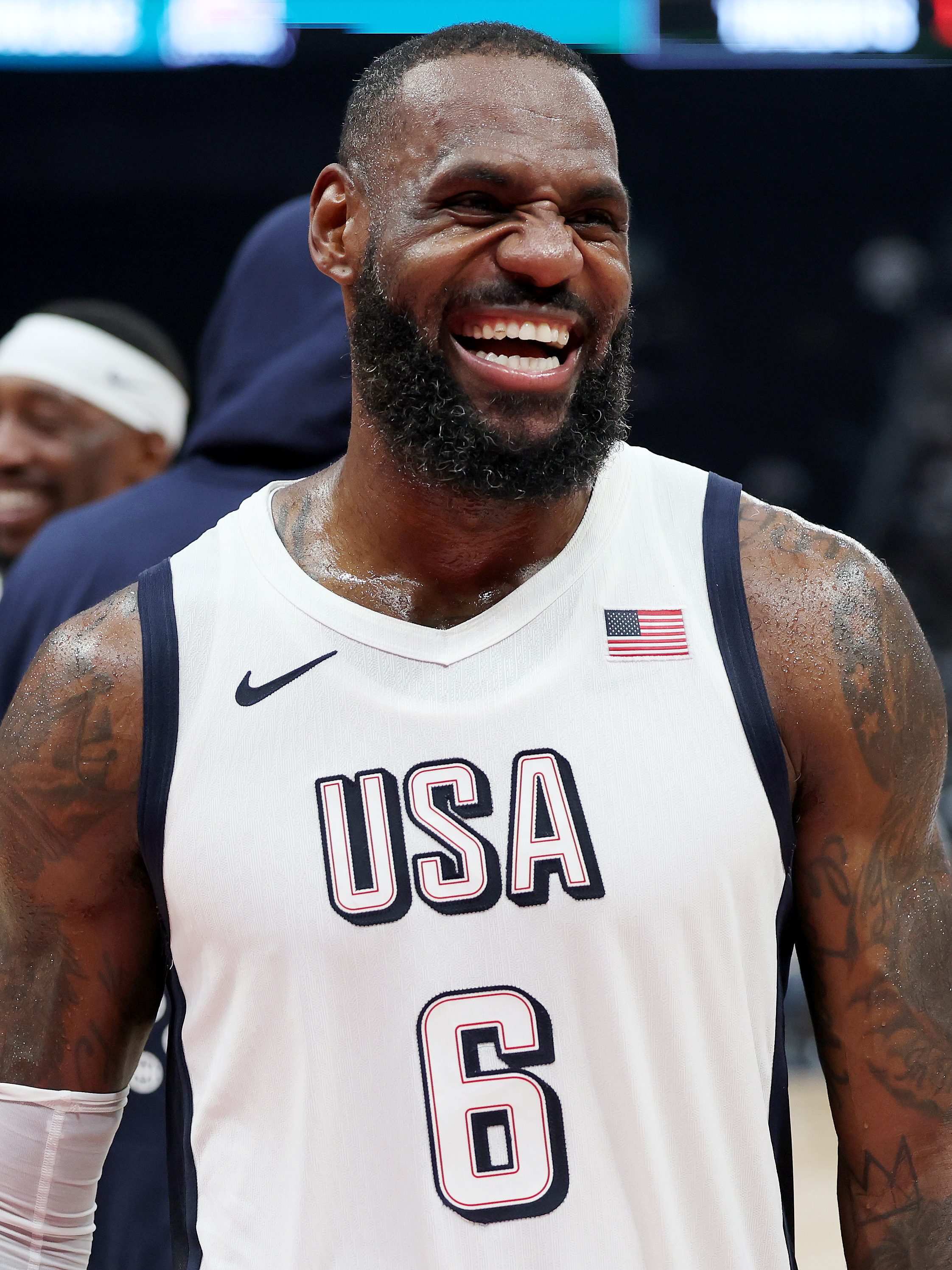 ABU DHABI, UNITED ARAB EMIRATES - JULY 17: LeBron James #6 of the United States reacts during after an exhibition game between the United States and Serbia ahead of the Paris Olympic Games at Etihad Arena on July 17, 2024 in Abu Dhabi, United Arab Emirates. (Photo by Christopher Pike/Getty Images)