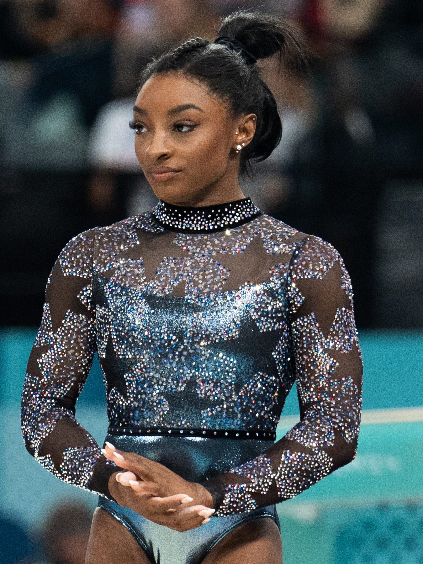PARIS, FRANCE - JULY 28: Simone Biles from Team United States competes in the women's gymnastics at the Bercy Arena during the Paris 2024 Olympic Games in Paris, France on July 28, 2024. (Photo by Aytac Unal/Anadolu via Getty Images)