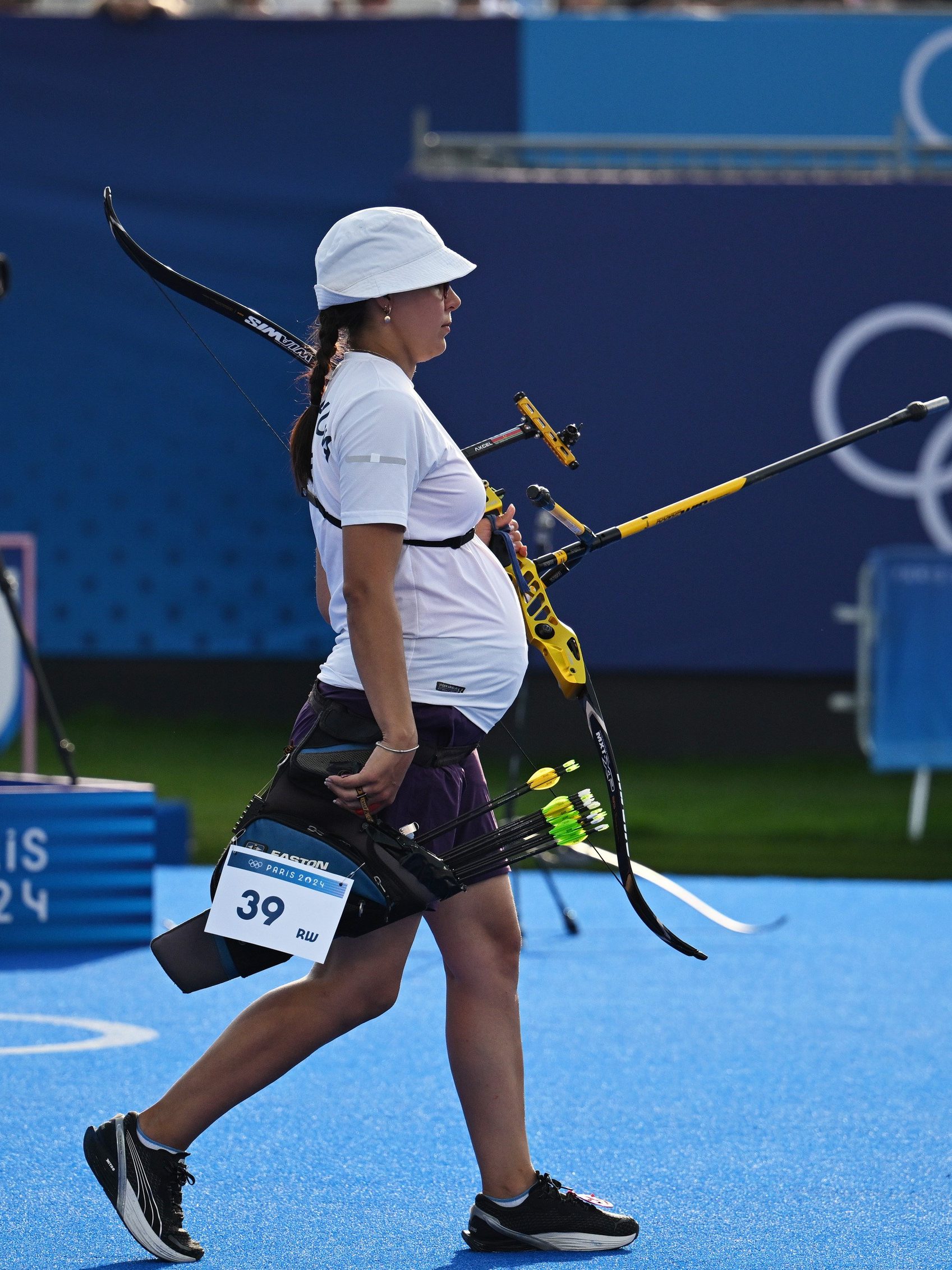 Yaylagul Ramazanova of Azerbaijan is seen during the women's individual 1/16 elimination round of archery at the Paris 2024 Olympic Games in Paris, France, on July 30, 2024. (Photo by He Canling/Xinhua via Getty Images)
