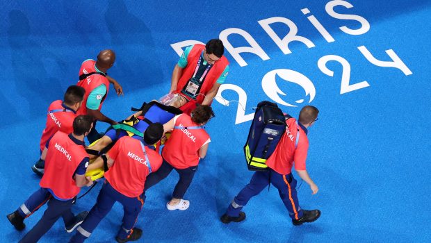 Tamara Potocka of Team Slovakia leaves the arena on a stretcher