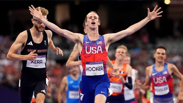 USA's Cole Hocker celebrates winning the Men's 1500m Final ahead of Great Britain's Josh Kerr at the Stade de France on the eleventh day of the 2024 Paris Olympic Games in France. Picture date: Tuesday August 6, 2024. (Photo by Martin Rickett/PA Images via Getty Images)