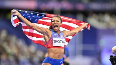 PARIS, FRANCE - AUGUST 06: Gold medalist Gabrielle Thomas of Team United States celebrates after winning the Women's 200m Final on day eleven of the Olympic Games Paris 2024 at Stade de France on August 06, 2024 in Paris, France (Photo by Mustafa Yalcin/Anadolu via Getty Images)