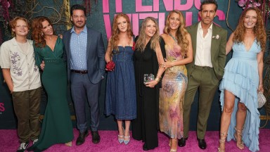 Wyatt Johnson, Robyn Lively, Bart Johnson, Kate Johnson, Elaine Lively, Blake Lively, Ryan Reynolds and Lori Lively at the "It Ends With Us" New York Premiere at AMC Lincoln Square Theater on August 06, 2024 in New York City. (Photo by John Nacion/Variety via Getty Images)