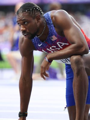 PARIS, FRANCE - AUGUST 08: Bronze medalist Noah Lyles of Team United States shows his dejection after competing in the Men's 200m Final on day thirteen of the Olympic Games Paris 2024 at Stade de France on August 08, 2024 in Paris, France. (Photo by Hannah Peters/Getty Images)