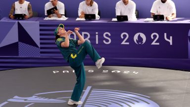 PARIS, FRANCE - AUGUST 09: B-Girl Raygun of Team Australia 
competes during the B-Girls Round Robin - Group B on day fourteen of the Olympic Games Paris 2024 at Place de la Concorde on August 09, 2024 in Paris, France. (Photo by Ezra Shaw/Getty Images)