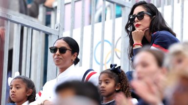 PARIS, FRANCE - AUGUST 09: Natalia Diamante Bryant, Bianka Bella Bryant, Capri Kobe Bryant and Vanessa Bryant (top) attend the Breaking on day fourteen of the Olympic Games Paris 2024 at Place de la Concorde on August 09, 2024 in Paris, France. (Photo by Arturo Holmes/Getty Images)