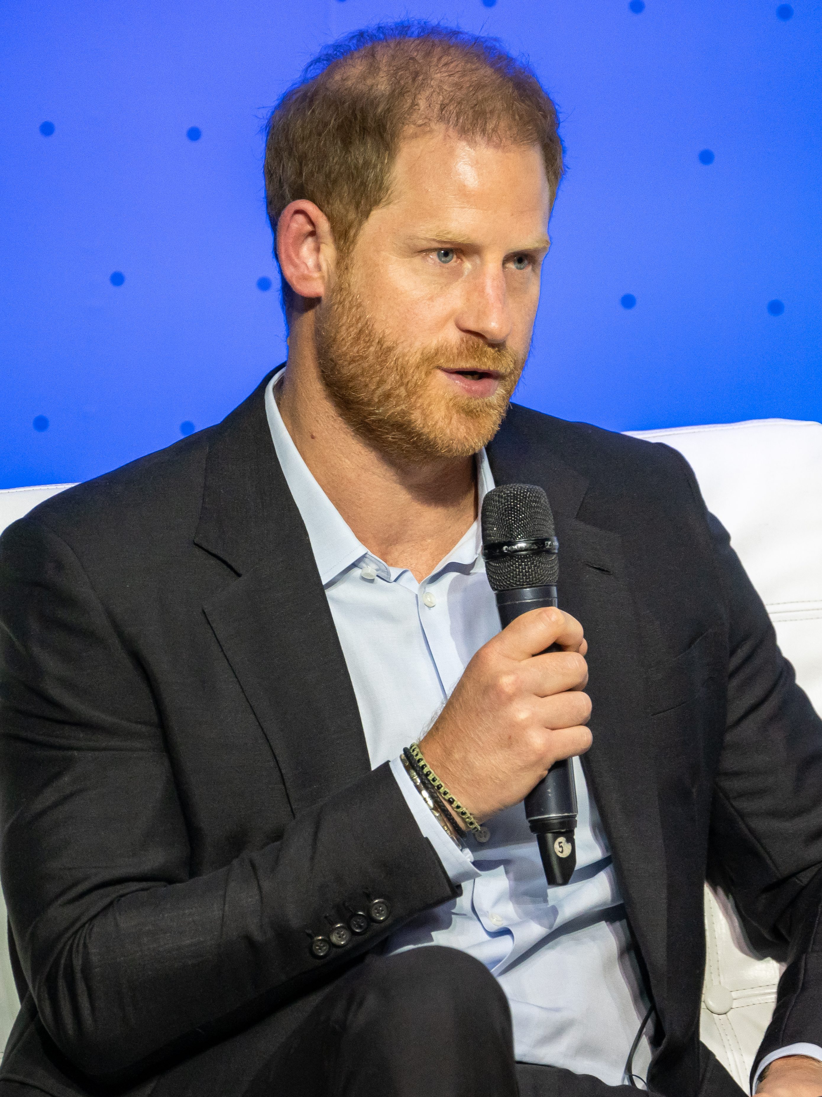 BOGOTA, COLOMBIA - AUGUST 15: Prince Harry, Duke of Sussex speaks onstage during a forum about digital responsibility at EAN University during a visit around Colombia on August 15, 2024 in Bogota, Colombia. (Photo by Diego Cuevas/Getty Images)