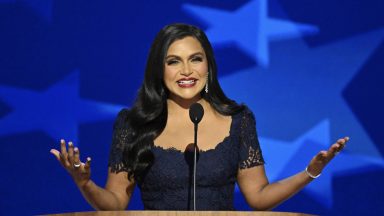 Mindy Kaling speaks on the third day of the Democratic National Convention (DNC) at the United Center in Chicago, Illinois, on August 21, 2024. Vice President Kamala Harris will formally accept the party's nomination for president at the DNC which runs from August 19-22 in Chicago. (Photo by Mandel NGAN / AFP) (Photo by MANDEL NGAN/AFP via Getty Images)