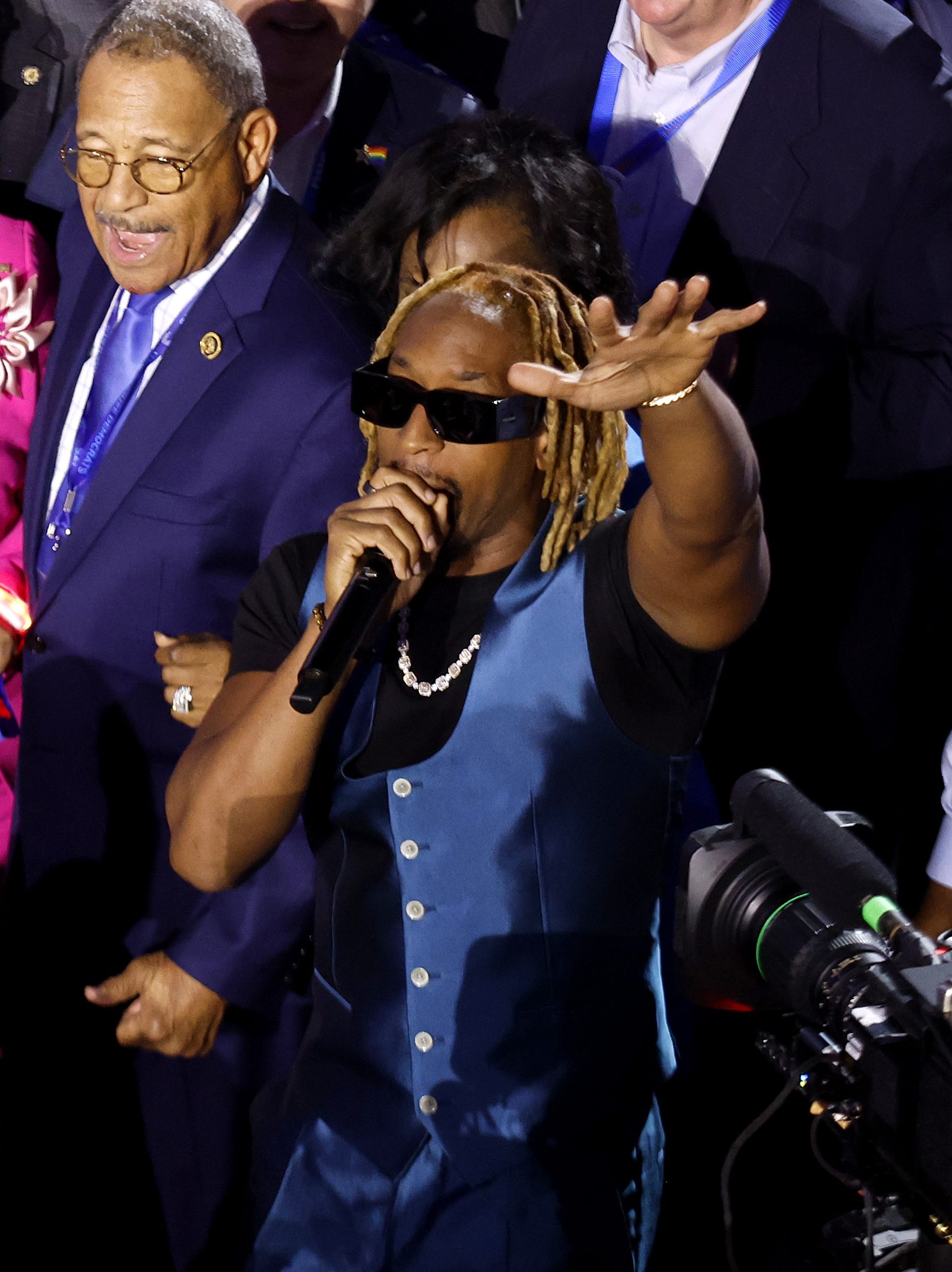 CHICAGO, ILLINOIS - AUGUST 20: Rapper Lil Jon (R) performs with the Georgia delegation during the Ceremonial Roll Call of States on the second day of the Democratic National Convention at the United Center on August 20, 2024 in Chicago, Illinois. Delegates, politicians, and Democratic Party supporters are gathering in Chicago, as current Vice President Kamala Harris is named her party's presidential nominee. The DNC takes place from August 19-22. (Photo by Chip Somodevilla/Getty Images)