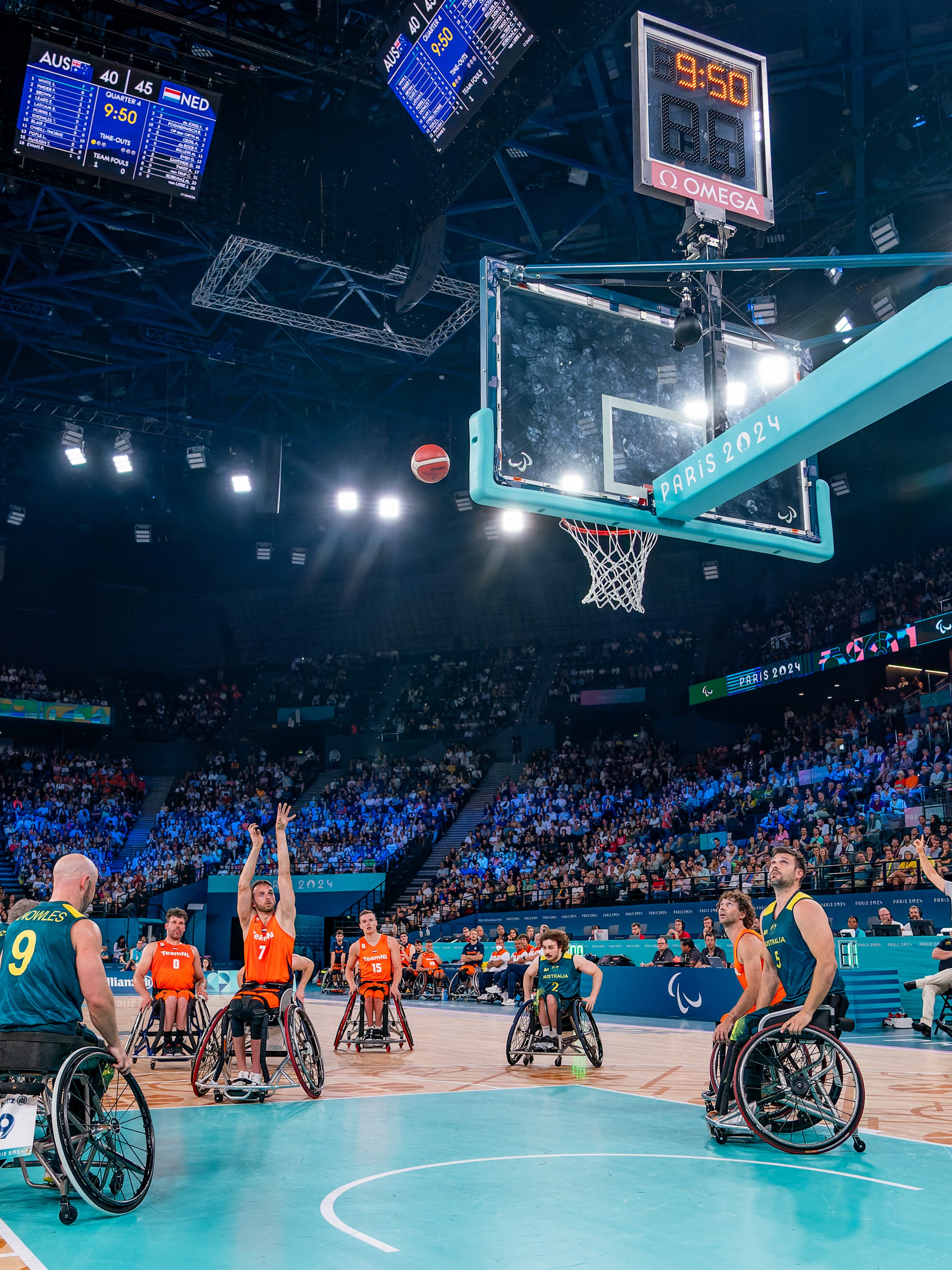 PARIS, FRANCE - AUGUST 29: Patrick de Boer of the Netherlands during the Wheelchair Basketball - Paris 2024 Summer Paralympic Games match between Netherlands and Australia on Day 1 at Bercy Arena on August 29, 2024 in Paris, France. (Photo by Joris Verwijst/BSR Agency/Getty Images)