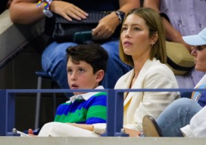 NEW YORK, NEW YORK - AUGUST 29: Jessica Biel and her son Silas Timberlake attend day 4 of the 2024 US Open Tennis Championships on August 29, 2024 in Flushing, Queens, New York. (Photo by Gotham/GC Images)