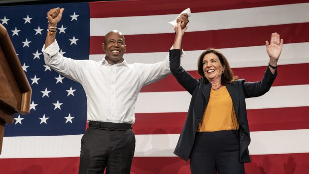 NEW YORK, USA - NOVEMBER 05: Mayor Eric Adams and Kathy Hochul on stage during election campaign rally for Governor Kathy Hochul organized by New York State Democratic Committee at BKLYN Studios in New York on November 5, 2022. Rally featured Attorney General Letitia James, State Comptroller Tom DiNapoli, Senate Majority Leader Chuck Schumer, Representative Hakeem Jeffries, New York City Mayor Eric Adams and actress Rosie Perez. (Photo by Lev Radin/Anadolu Agency via Getty Images)