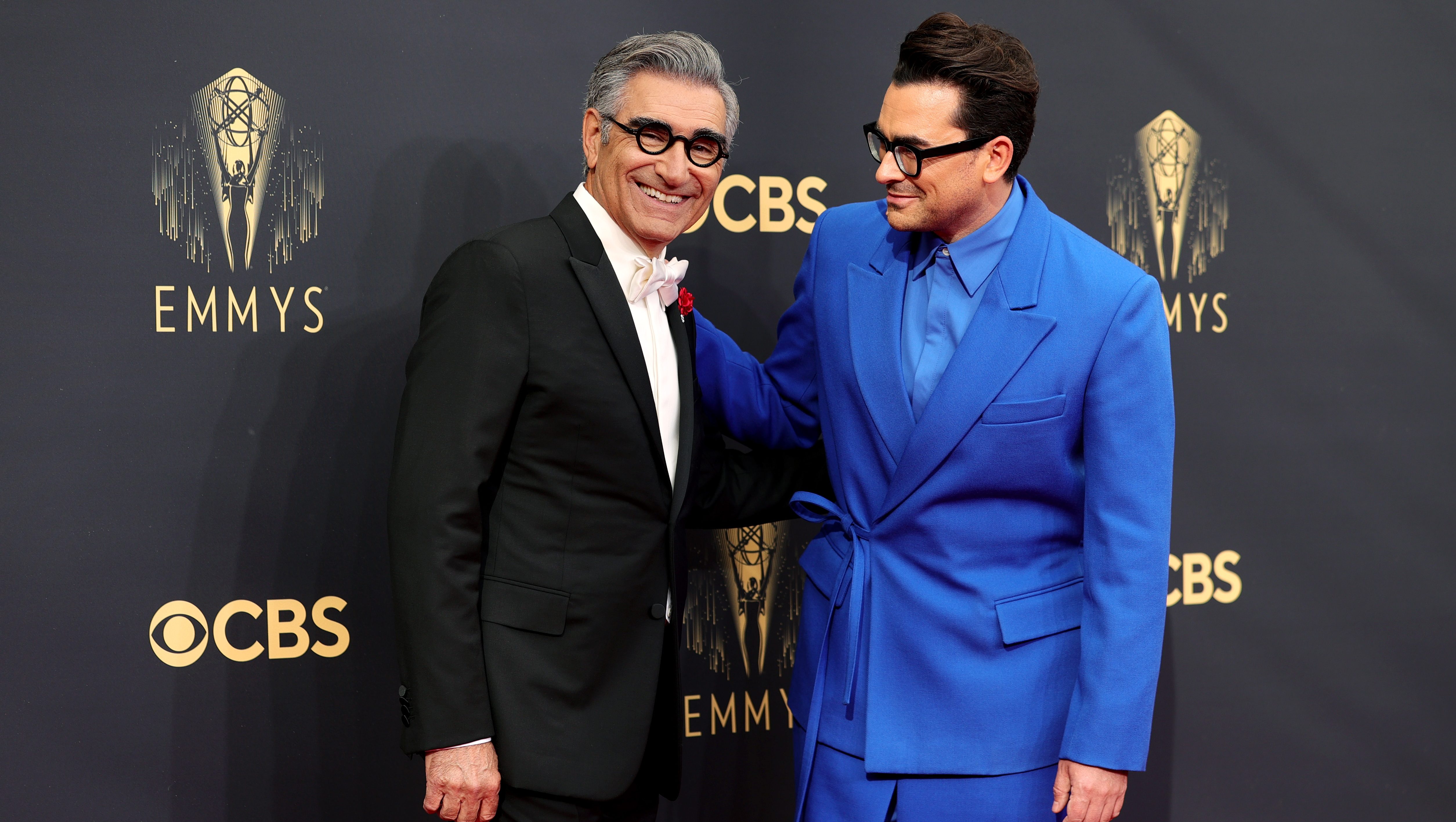 LOS ANGELES, CALIFORNIA - SEPTEMBER 19: (L-R) Eugene Levy and Dan Levy attend the 73rd Primetime Emmy Awards at L.A. LIVE on September 19, 2021 in Los Angeles, California. (Photo by Rich Fury/Getty Images)
