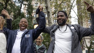 NEW YORK, NY - OCTOBER 24: New York City mayoral candidate Eric Adams and Public Advocate Jumaane Williams attend a Democratic Party "Get Out the Vote" rally nine days before New York City elections on October 24, 2021 in the Upper West Side neighborhood of Manhattan, New York City. (Photo by Andrew Lichtenstein/Corbis via Getty Images)"