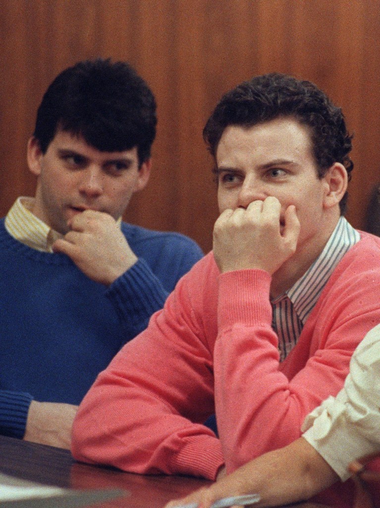 Erik Menendez and his brother Lyle are pictured, on August 12, 1991 in Beverly Hills. They are accused of killing their parents, Jose and Mary Louise Menendez of Beverly Hills, Calif. AFP PHOTO MIKE NELSON (Photo by MIKE NELSON / AFP) (Photo by MIKE NELSON/AFP via Getty Images)