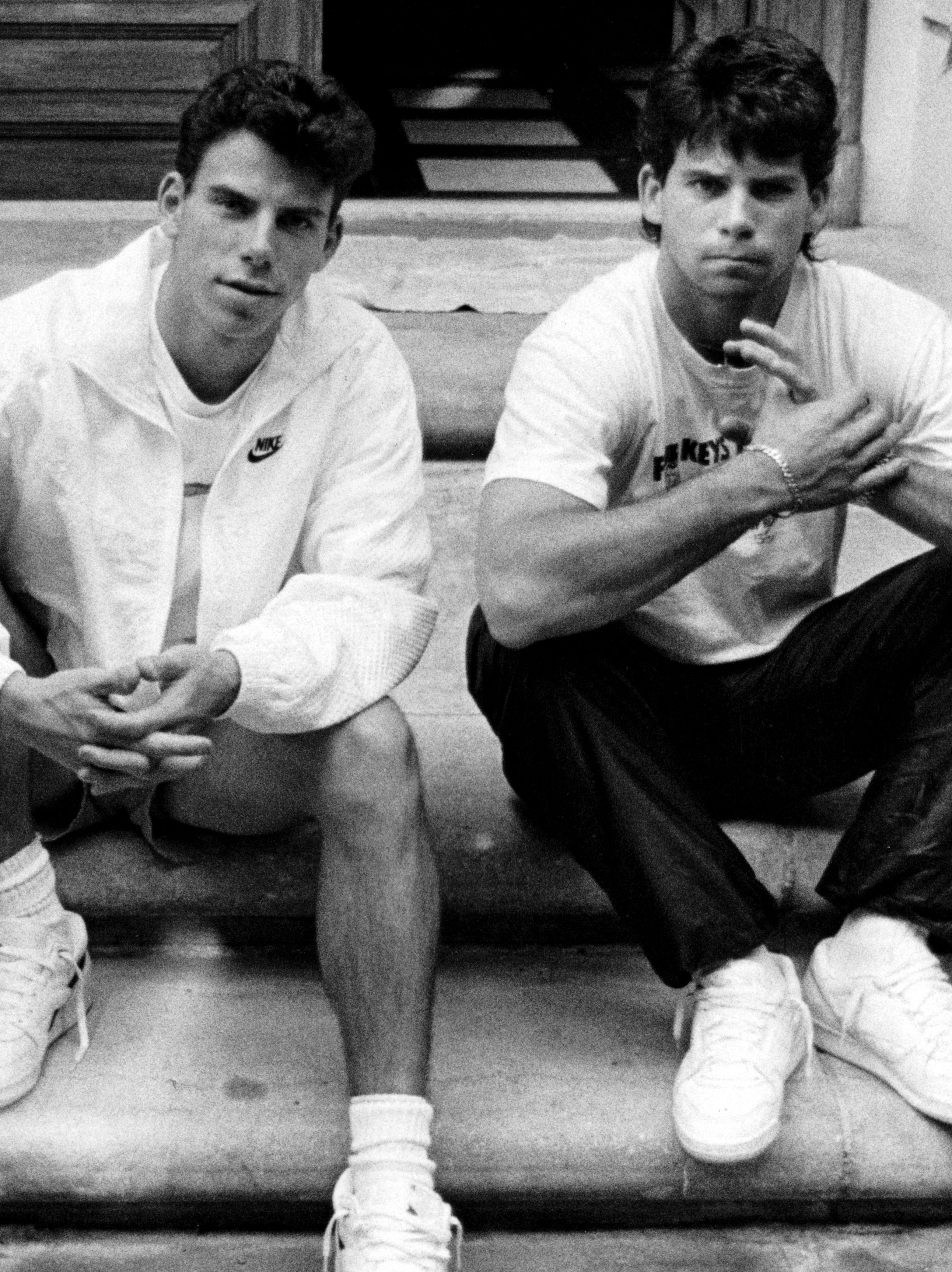 BEVERLY HILLS, CALIF. - NOV. 30, 1989 - Menendez brothers, Erik, left, and Lyle on the steps of their Beverly Hills home in November, 1989. (Ronald L. Soble / Los Angeles Times via Getty Images)
