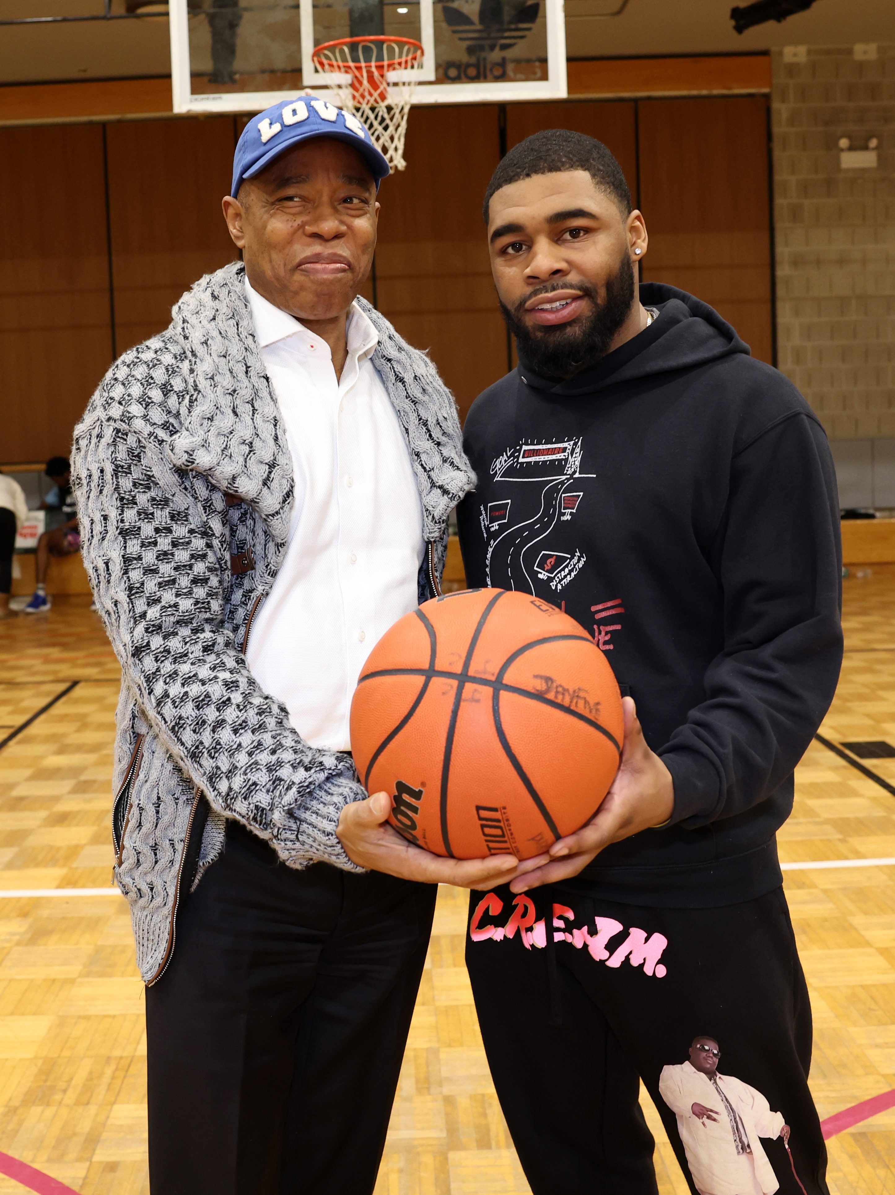 Mayor Eric Adams and Jordan Coleman attend The Heart 2 Heart Basketball Tournament 2024 on January 13, 2024 in New York City. (Photo by Johnny Nunez/WireImage)