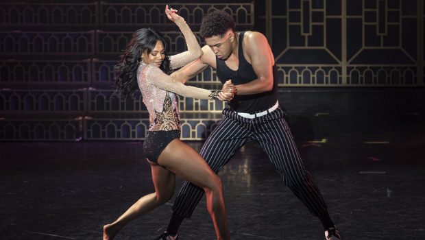 HOLLYWOOD, CALIFORNIA - MARCH 26: (L-R) Britt Stewart and Brandon Armstrong of Dancing With The Stars Live 2024 perform at the Hollywood Pantages Theatre on March 26, 2024 in Hollywood, California. (Photo by Corine Solberg/Getty Images)