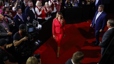 MILWAUKEE, WISCONSIN - JULY 18: Former first lady Melania Trump arrives on the fourth day of the Republican National Convention at the Fiserv Forum on July 18, 2024 in Milwaukee, Wisconsin. Delegates, politicians, and the Republican faithful are in Milwaukee for the annual convention, concluding with former President Donald Trump accepting his party's presidential nomination. The RNC takes place from July 15-18. (Photo by Anna Moneymaker/Getty Images)