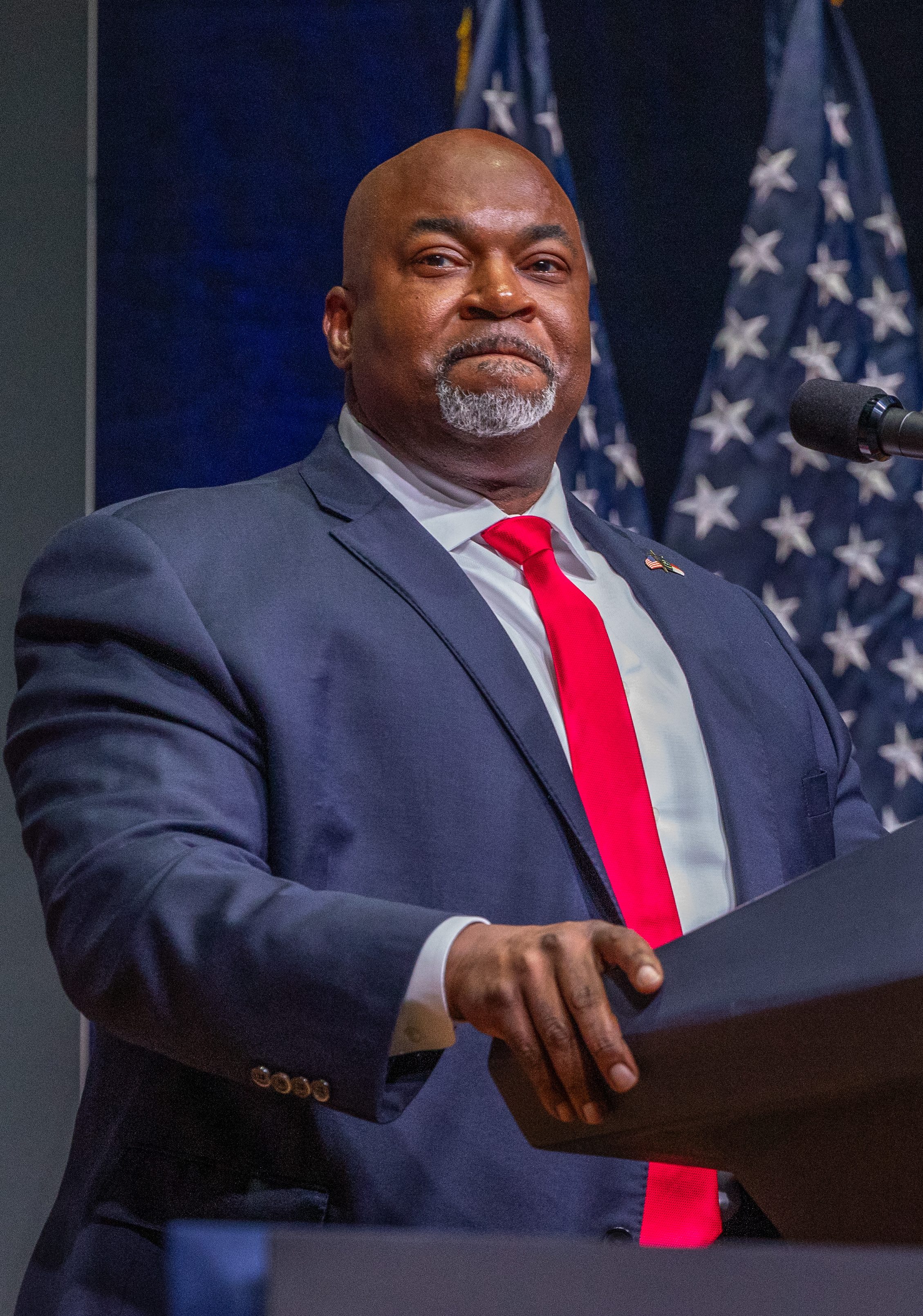 ASHEVILLE, NORTH CAROLINA - AUGUST 14: Mark Robinson, Lieutenant Governor of North Carolina and candidate for Governor, delivers remarks prior to Republican presidential nominee former President Donald Trump speaking at a campaign event at Harrah's Cherokee Center on August 14, 2024 in Asheville, North Carolina. Trump will speak on the economy as Vice President Kamala Harris surges in the polls in swing states. (Photo by Grant Baldwin/Getty Images)