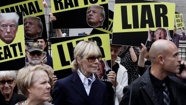 E. Jean Carroll (C) departs Manhattan federal appeals court following arguments in a judgement appeal brought by former US President Donald Trump, in New York City, September 6, 2024. Former US President Donald Trump was ordered on January 26, 2024 by a New York jury to pay $83 million in damages to Carroll, whom he publicly insulted and called a liar for alleging that he sexually assaulted her. The jury reached its decision after slightly less than three hours of deliberations. Trump made multiple comments about Carroll while he was president, demeaning her in the wake of her allegation of a 1990s assault. (Photo by Leonardo Munoz / AFP) (Photo by LEONARDO MUNOZ/AFP via Getty Images)