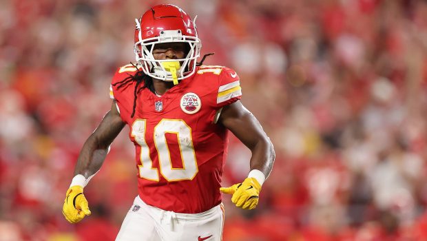 KANSAS CITY, MISSOURI - SEPTEMBER 05: Running back Isiah Pacheco #10 of the Kansas City Chiefs during the NFL game at GEHA Field at Arrowhead Stadium on September 05, 2024 in Kansas City, Missouri. The Chiefs defeated the Ravens 27-20. (Photo by Christian Petersen/Getty Images)