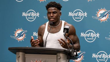 MIAMI GARDENS, FL - SEPTEMBER 8: Wide Receiver Tyreek Hill #10 of the Miami Dolphins addresses the media during the post-game press conference after playing the Jacksonville Jaguars at Hard Rock Stadium on September 8, 2024 in Miami Gardens, Florida. Hill was handcuffed and placed facedown on a street by police officers after he was stopped for a traffic violation near Hard Rock Stadium just hours before his team was to open the 2024 football season. The Dolphins defeated the Jaguars 20-17. (Photo by Don Juan Moore/Getty Images)