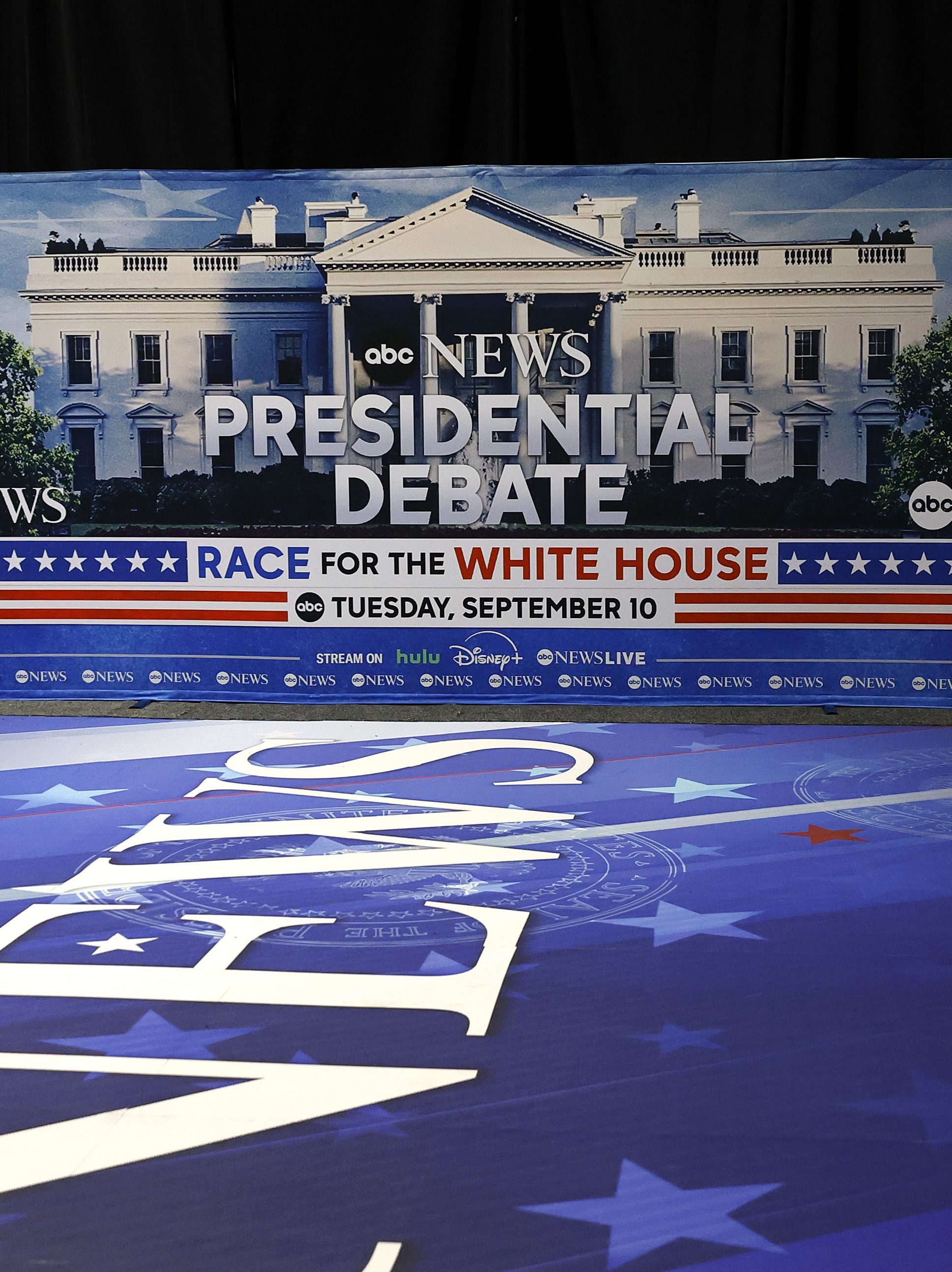 PHILADELPHIA, PENNSYLVANIA - SEPTEMBER 09: Final preparations are made in the spin room prior to the ABC News Presidential Debate on September 09, 2024 at the Convention Center in Philadelphia, Pennsylvania. Democratic presidential nominee, U.S. Vice President Kamala Harris and Republican presidential nominee former President Donald Trump will face off in their first debate tomorrow evening at the Constitution Center. (Photo by Kevin Dietsch/Getty Images)