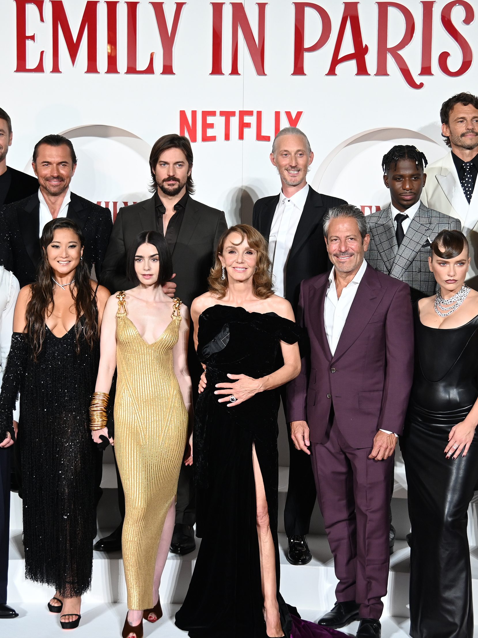 The cast (William Abadie, Lucas Bravo, Bruno Gouery, Camille Razat, Eugenio Franceschini, Paul Forman, Ashley Park, Lily Collins, Philippine Leroy-Beaulieu, Samuel Arnold, Marylin Fitoussi, Ted Sarandos, Darren Star) on the red carpet of Netflix series Emily in Paris 4 at The Space Cinema Moderno. Rome (Italy), September 10th, 2024 (Photo by Massimo Insabato/Archivio Massimo Insabato/Mondadori Portfolio via Getty Images)