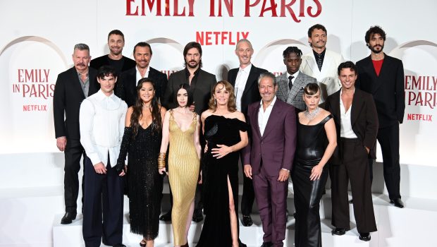 The cast (William Abadie, Lucas Bravo, Bruno Gouery, Camille Razat, Eugenio Franceschini, Paul Forman, Ashley Park, Lily Collins, Philippine Leroy-Beaulieu, Samuel Arnold, Marylin Fitoussi, Ted Sarandos, Darren Star) on the red carpet of Netflix series Emily in Paris 4 at The Space Cinema Moderno. Rome (Italy), September 10th, 2024 (Photo by Massimo Insabato/Archivio Massimo Insabato/Mondadori Portfolio via Getty Images)